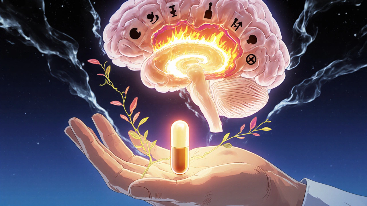 A brain scan shows naltrexone calming reward centers while endorphin vines grow from a low-dose capsule, symbolizing healing.