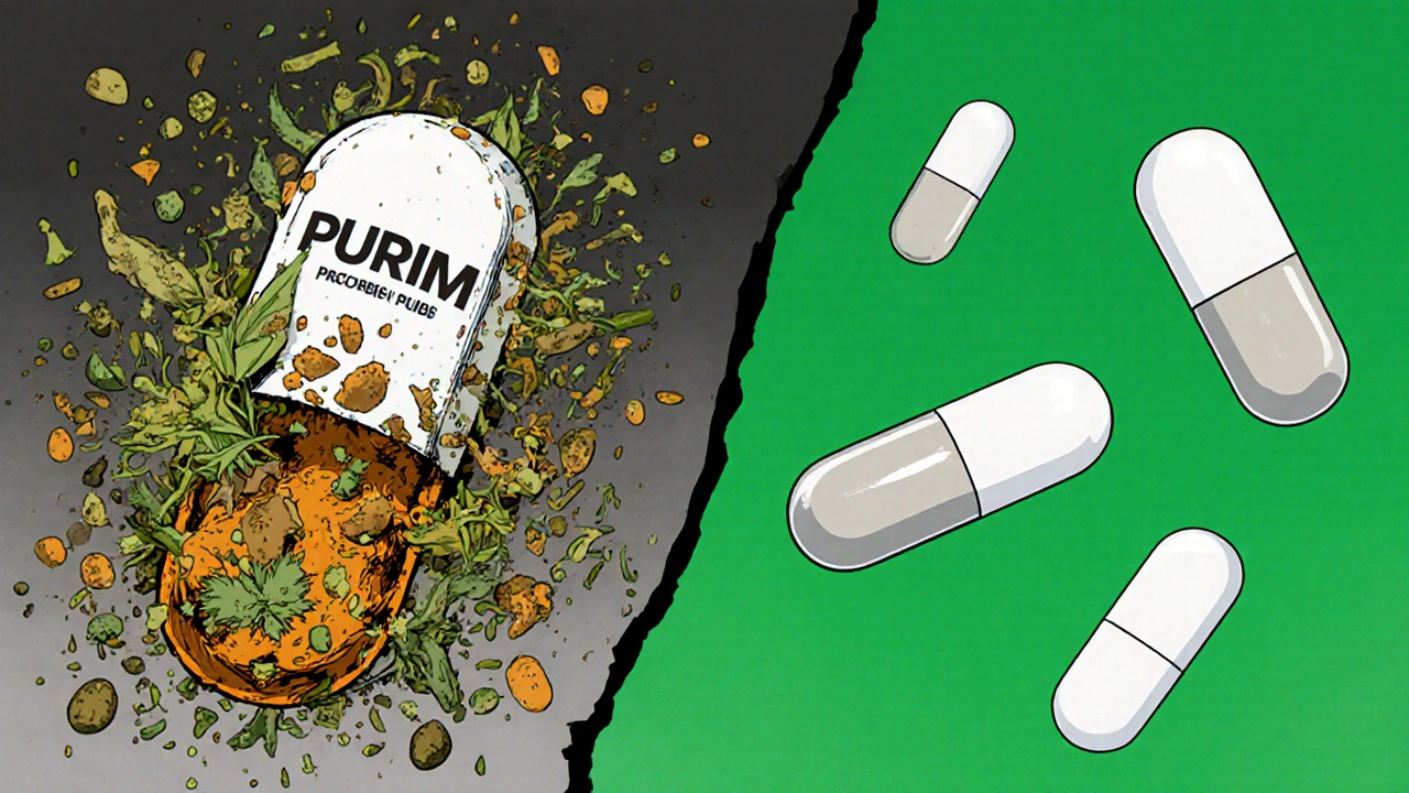 A cracked Purim capsule vs. three simple, harmonious supplements in a symbolic split-panel scene.