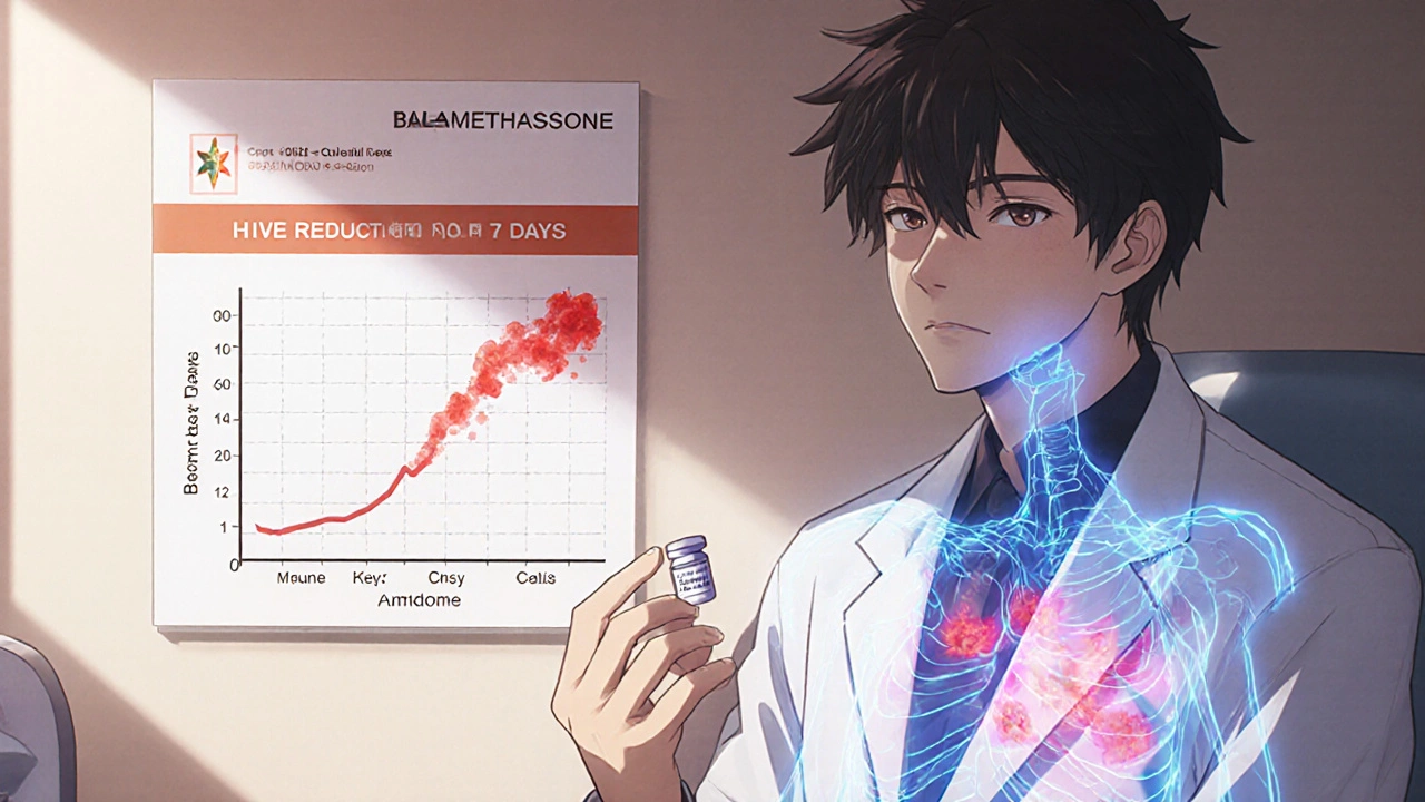 A doctor handing a betamethasone tablet to a patient, with a visual representation of immune response calming.