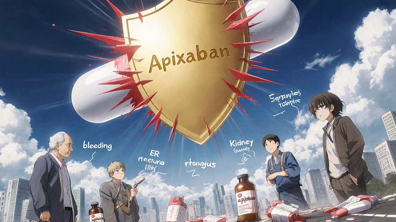 A giant apixaban pill shielding diverse patients from bleeding complications.