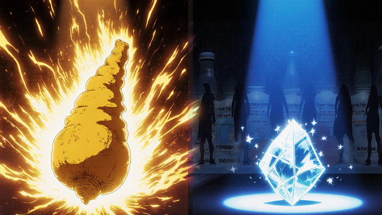 A glowing whole turmeric rhizome beside a dim isolated curcumin crystal, representing holistic vs. targeted anti-inflammatory effects.