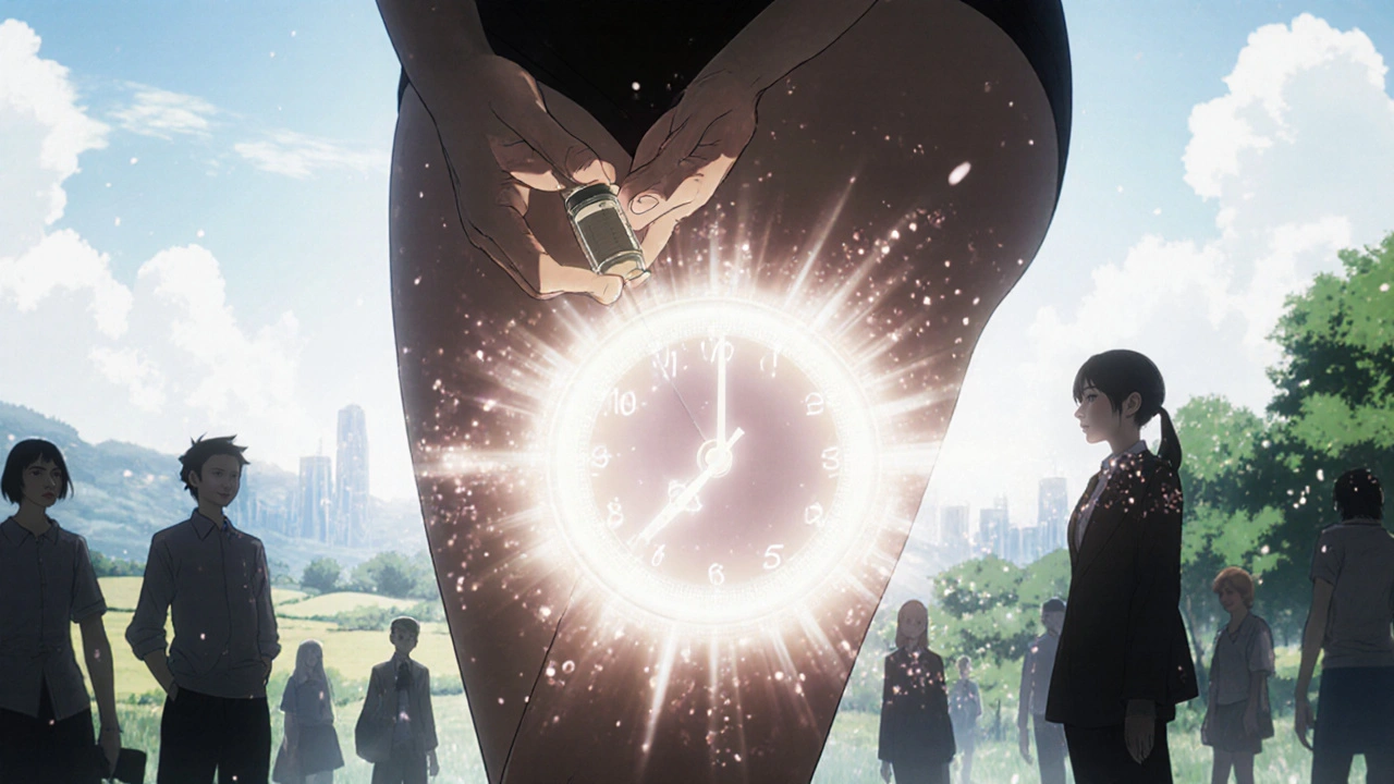 A hand injects Vivitrol with a glowing 60-day time-lapse aura, representing long-lasting addiction therapy accessibility.