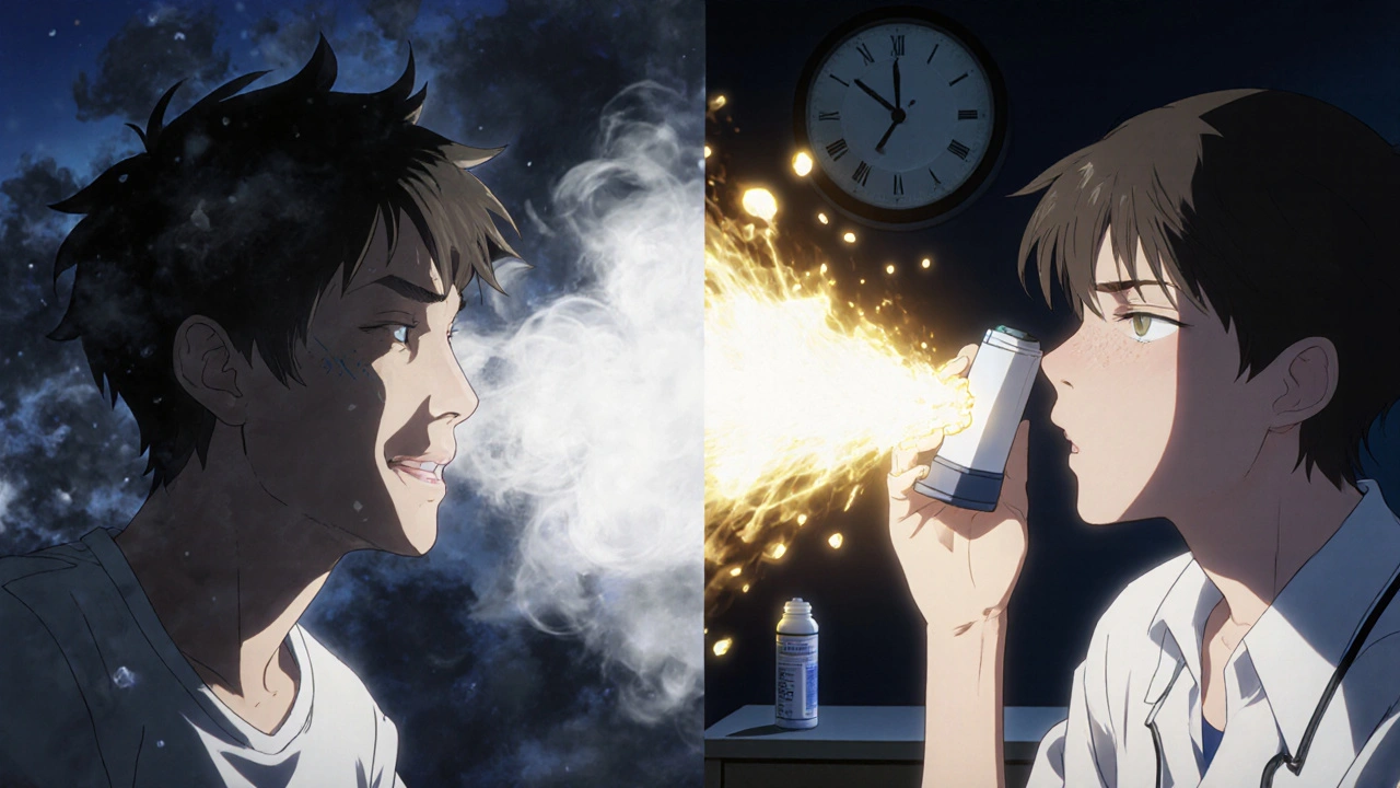 A person using Airsupra inhaler with radiant light, contrasting a previous asthma attack in dark tones.