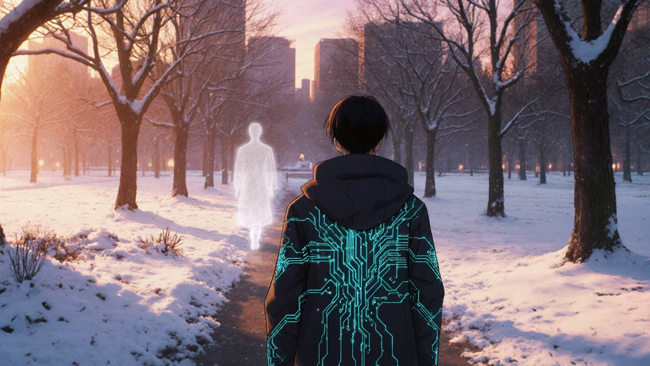 A person walking through snow, glowing neural patterns on their coat, fading shadow behind them.