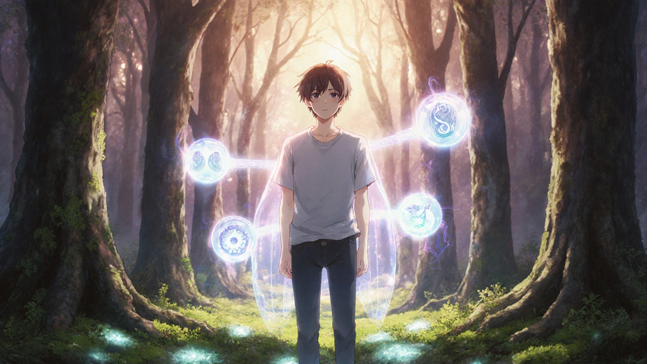 A person with clear skin surrounded by ethereal spirits representing zinc, probiotics, and ashwagandha.