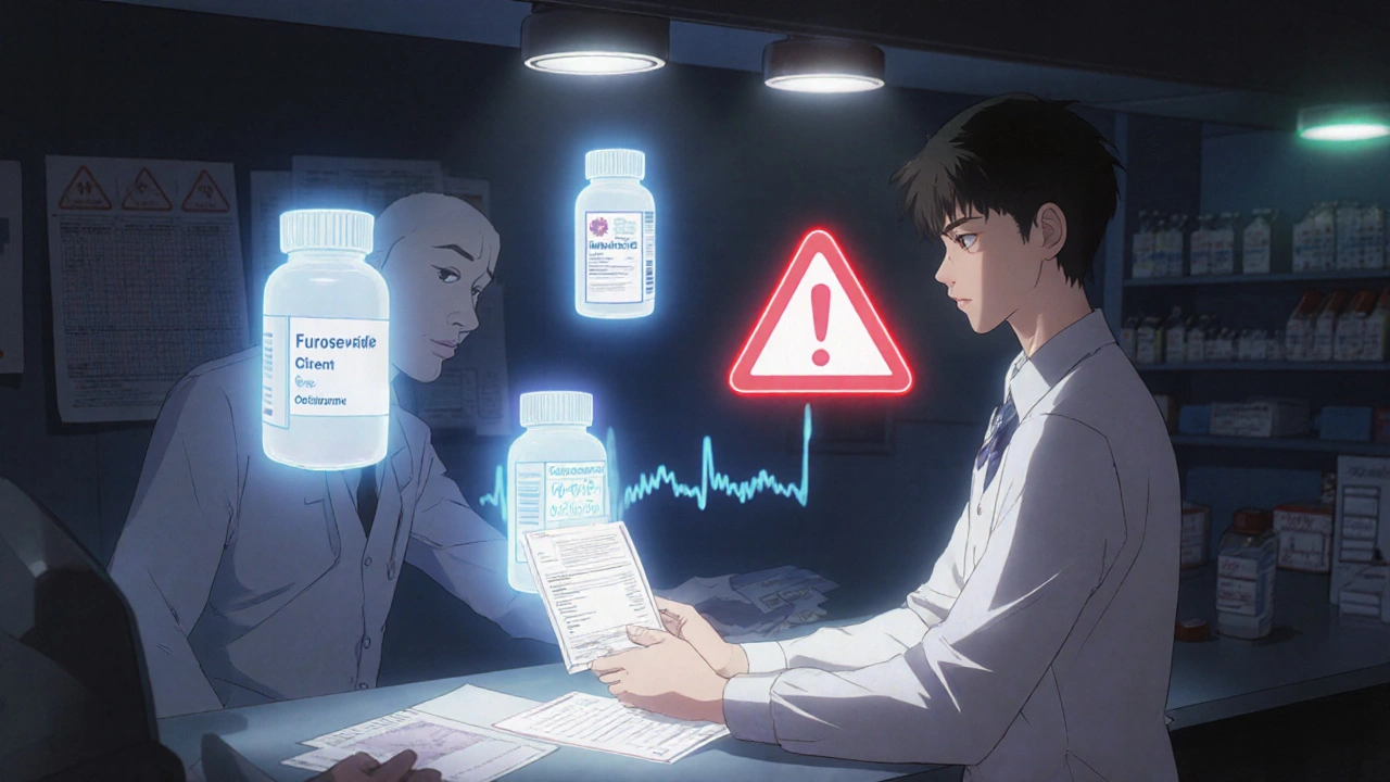 A pharmacist hands cefixime to a patient as dangerous drug interactions glow ominously above the counter.