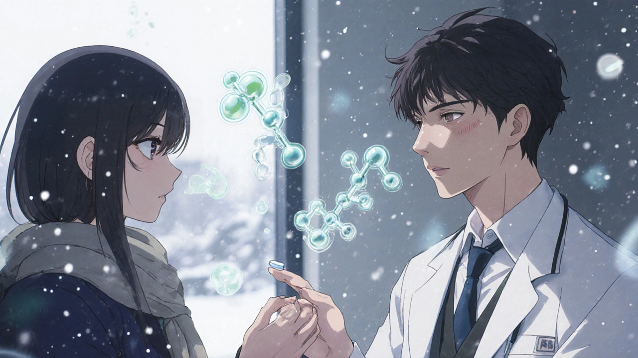 A psychiatrist giving a pill to a patient, with floating neural symbols in a clinic setting.