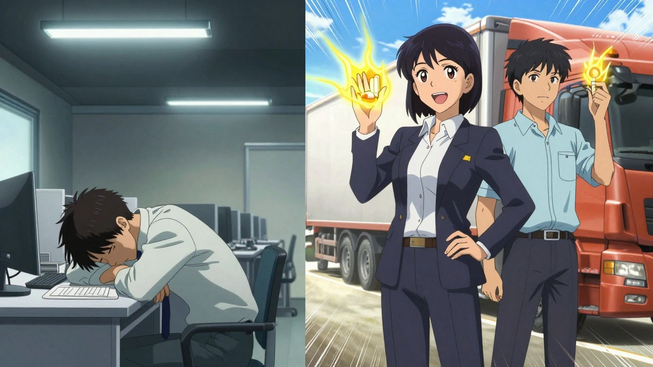 A split scene: drowsy worker vs. alert individuals glowing with non-drowsy allergy relief.