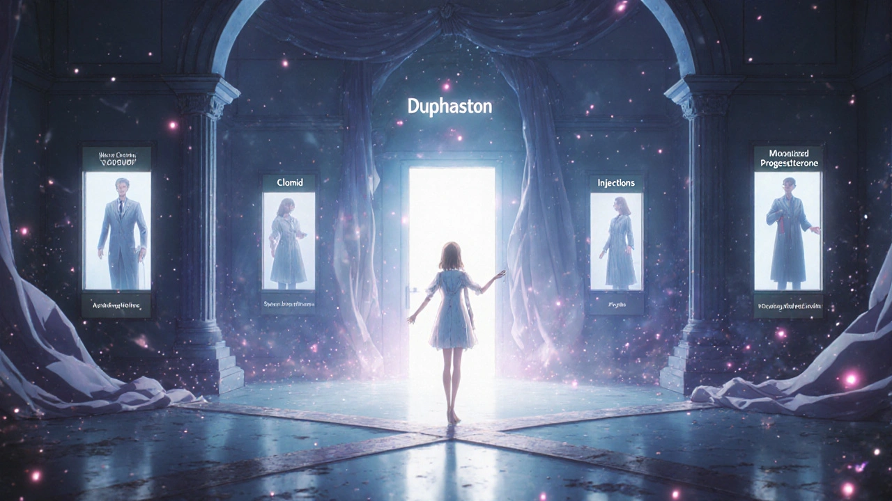 A woman choosing between hormone treatment options at a symbolic crossroads, with glowing doors and whispering patient silhouettes.