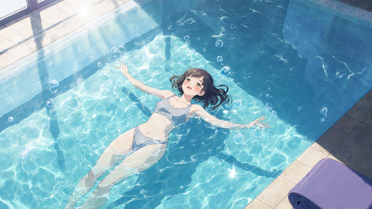 A woman floating peacefully in a sunlit swimming pool, moving gently through water with relaxed posture.