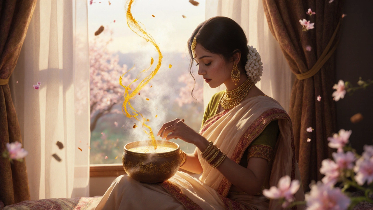 A woman stirring golden milk at dawn with glowing energy rising from the cup, soft morning light and falling petals in the background.