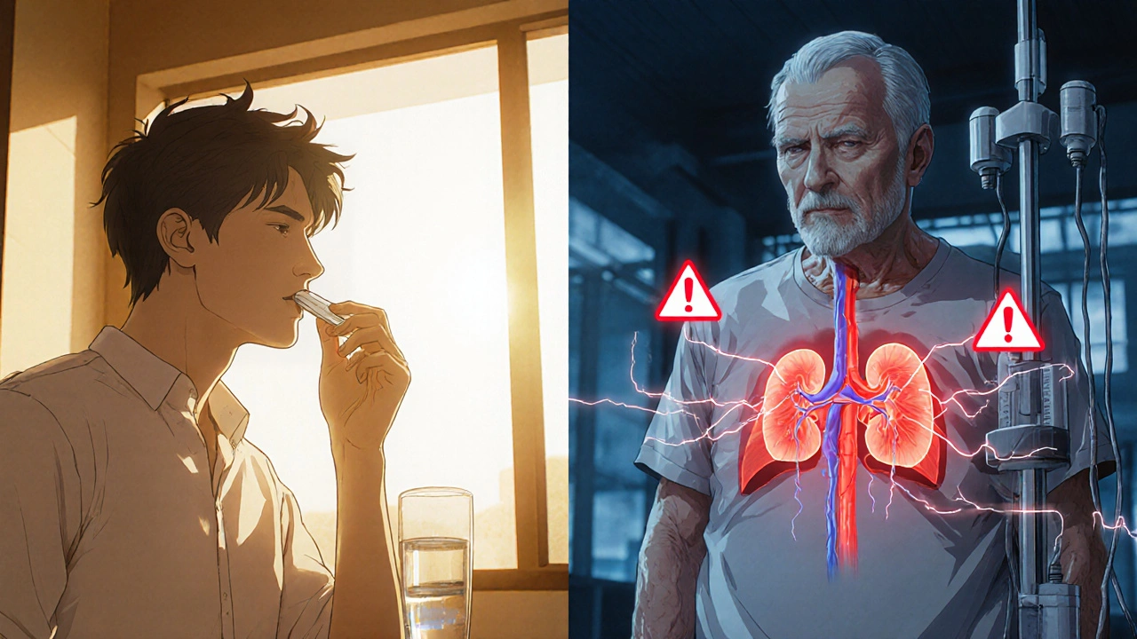 A young man takes cefixime safely while an elderly patient faces hidden cardiac risks from medication interactions.