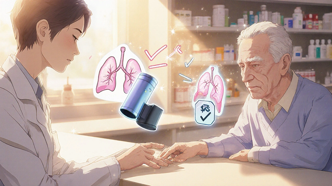 An elderly patient receiving a generic inhaler at a pharmacy, with visual icons showing equal effectiveness and lower cost.