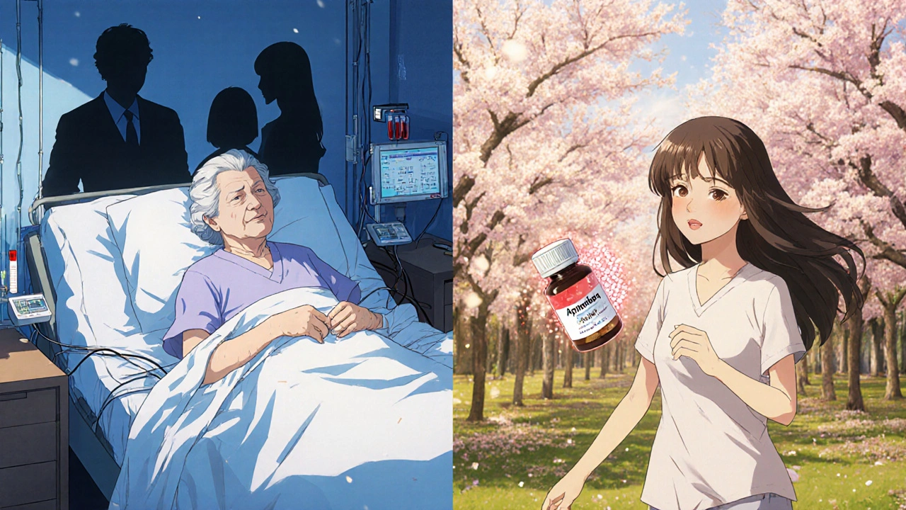 An elderly woman contrasted between a hospital scene and a peaceful park walk.