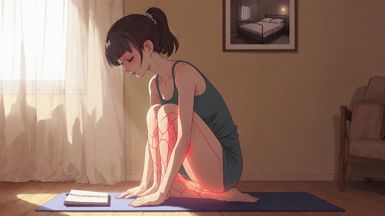 An older woman doing gentle yoga at home, seated on a mat with a notebook nearby, soft lighting and calm expression.