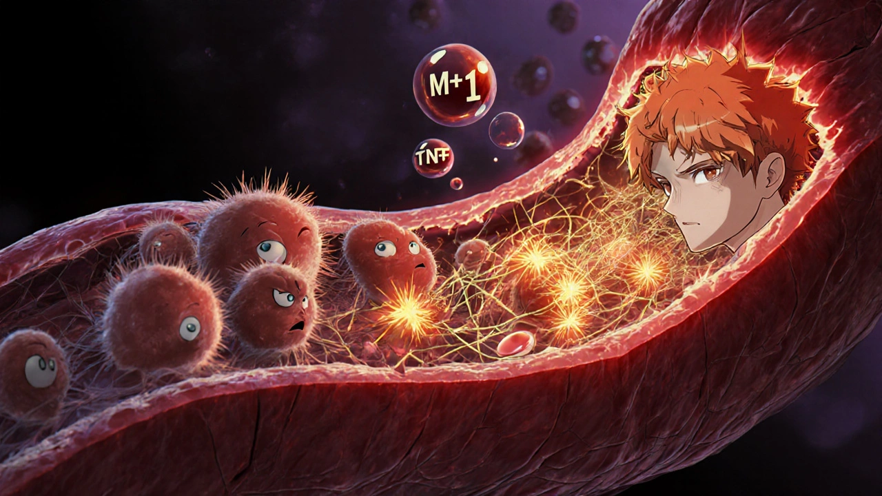 Anime illustration of neutrophils, ROS sparks, and NETs attacking heart tissue after reperfusion.