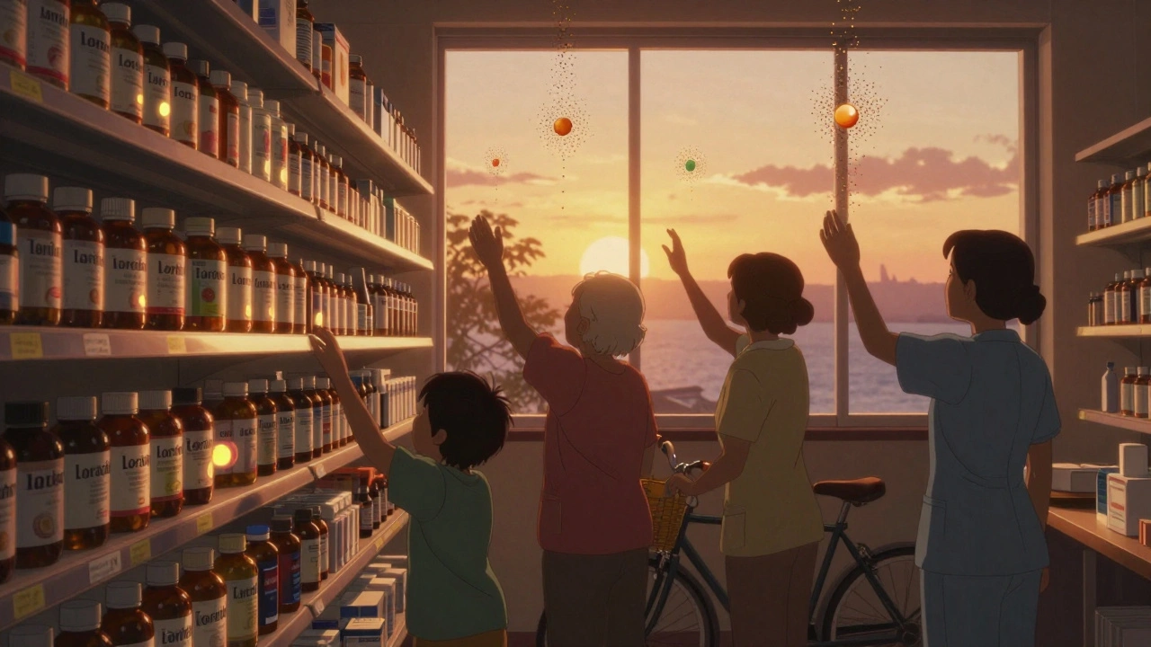 Australian pharmacy shelf with generic loratadine bottles glowing as diverse people reach for them.