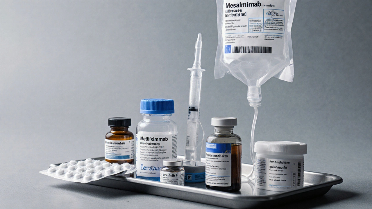 Clinical tray with assorted IBD drugs: tablets, vial, infusion bag, syringe, and capsule.