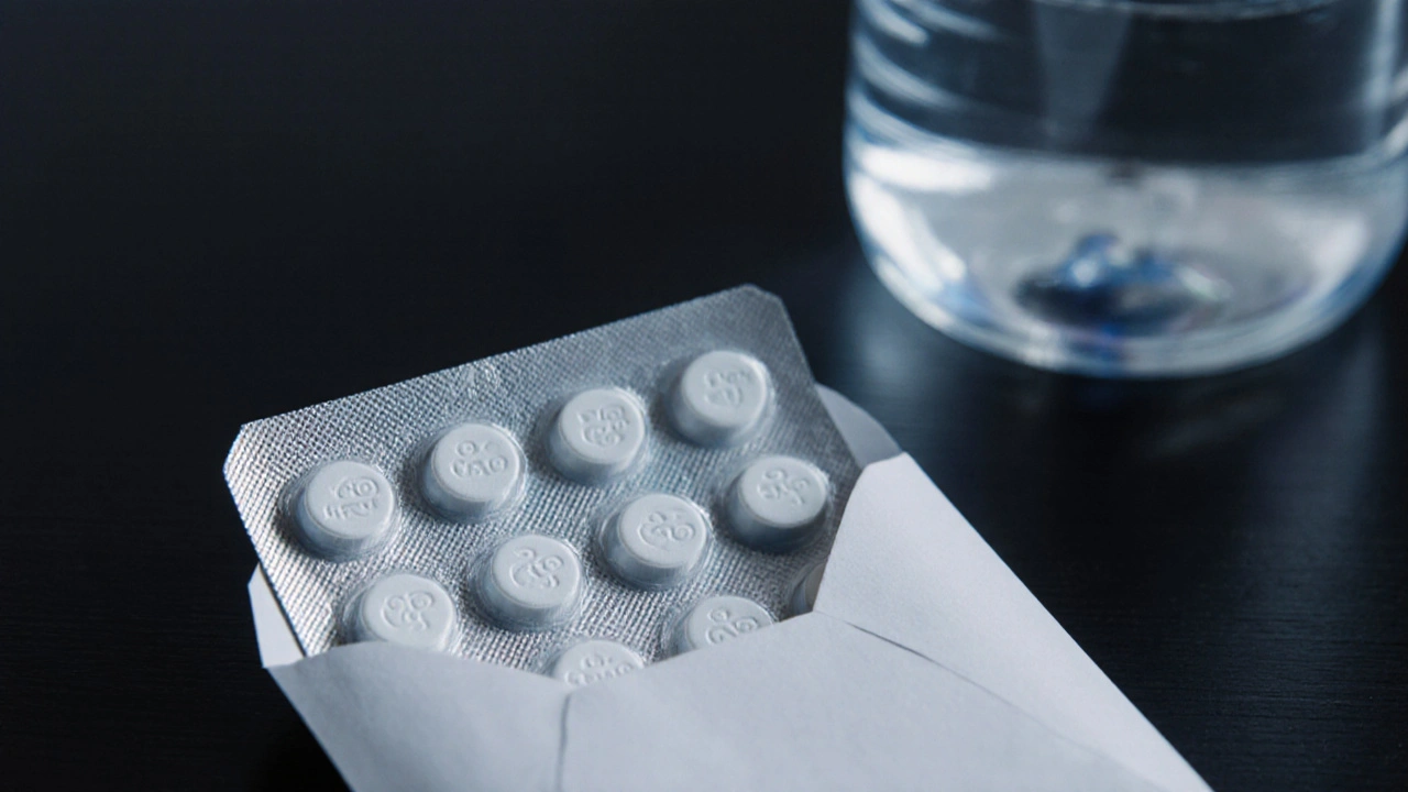 Close-up of discreet package revealing authentic tablet blister pack.