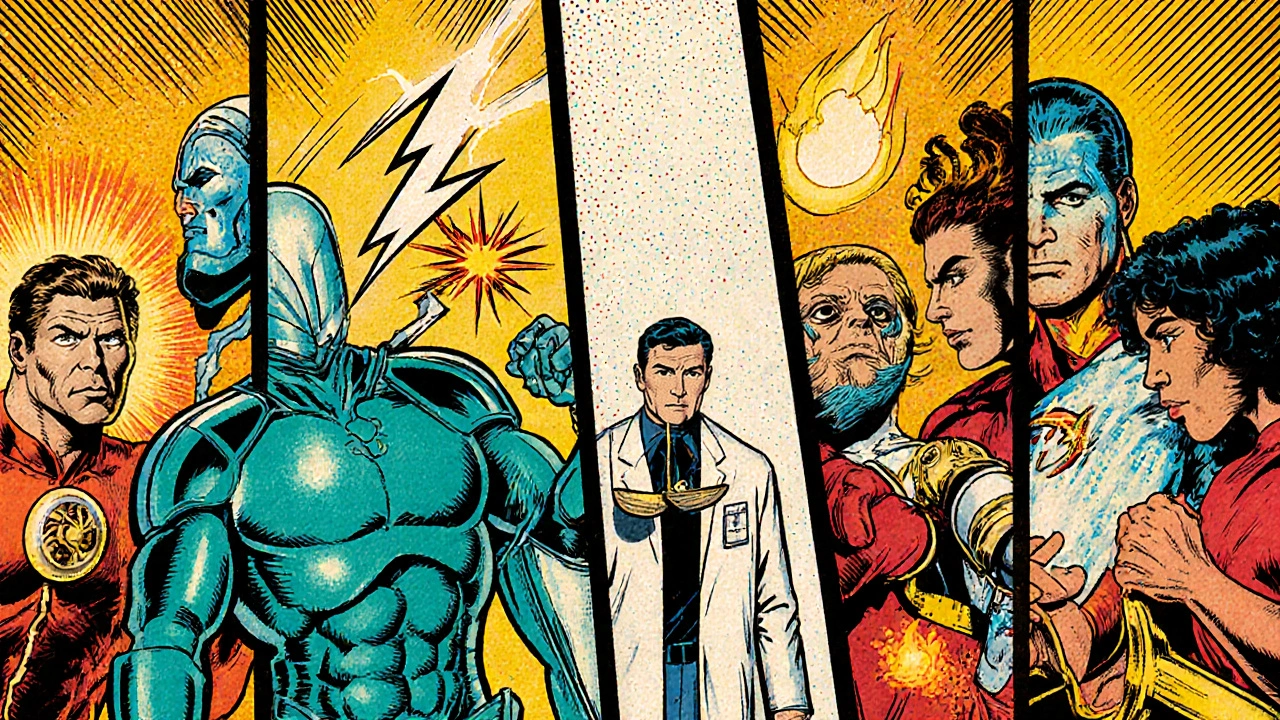 Comic showdown of Lexapro and six drug characters with a doctor weighing options.
