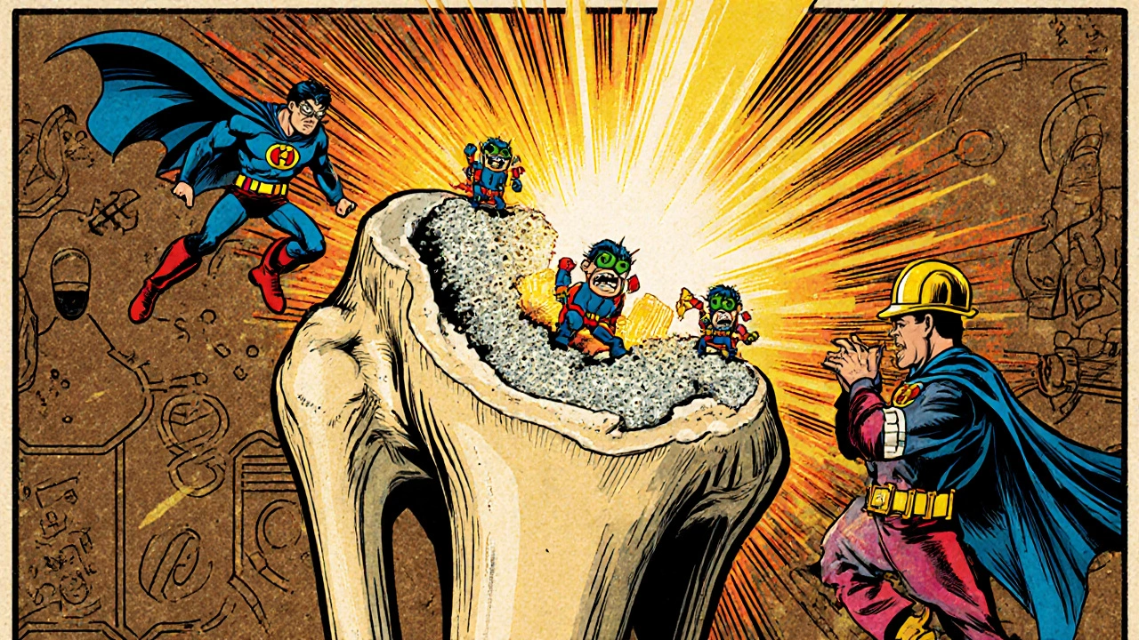Comic‑style bone cross‑section: Risedronate heroes block osteoclasts, osteoblasts build bone, Vitamin D glows.