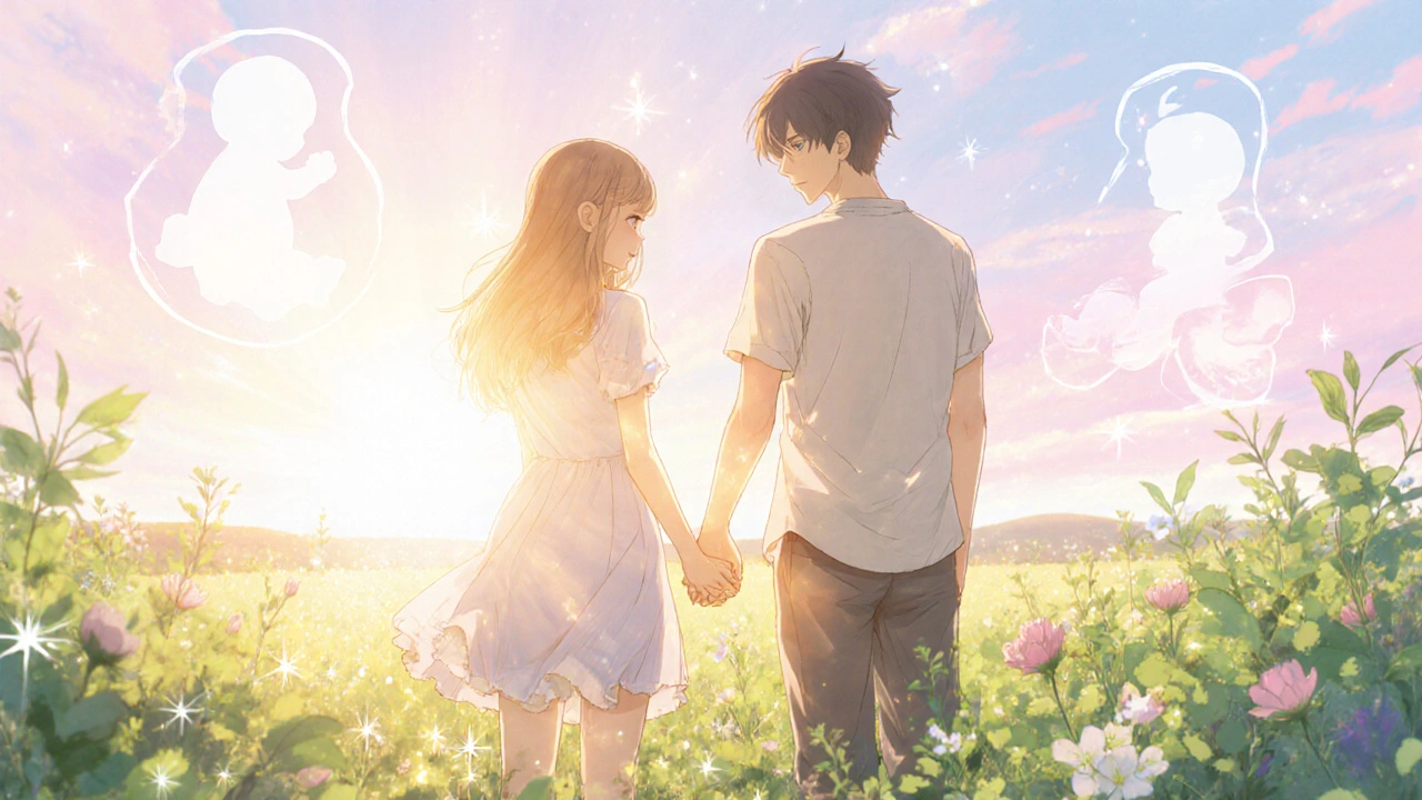 Couple holding hands in a sunny meadow, symbolizing hope for future pregnancy.