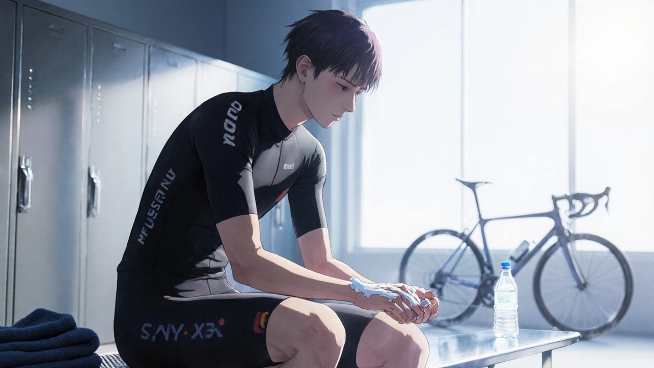 Cyclist applying petroleum ointment to hands and feet in a bright locker room.