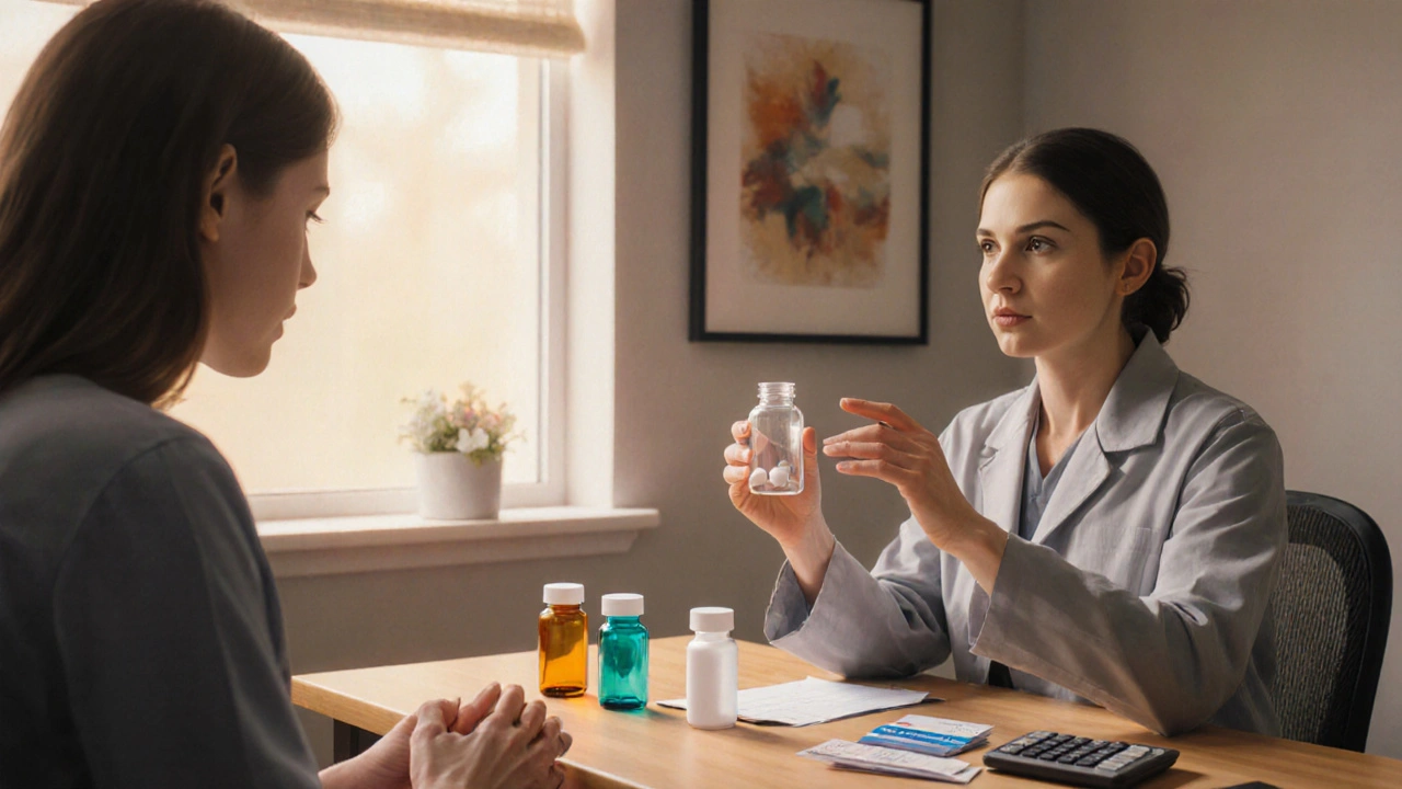 Doctor and patient discussing medication over a desk with pill bottles and insurance cards.