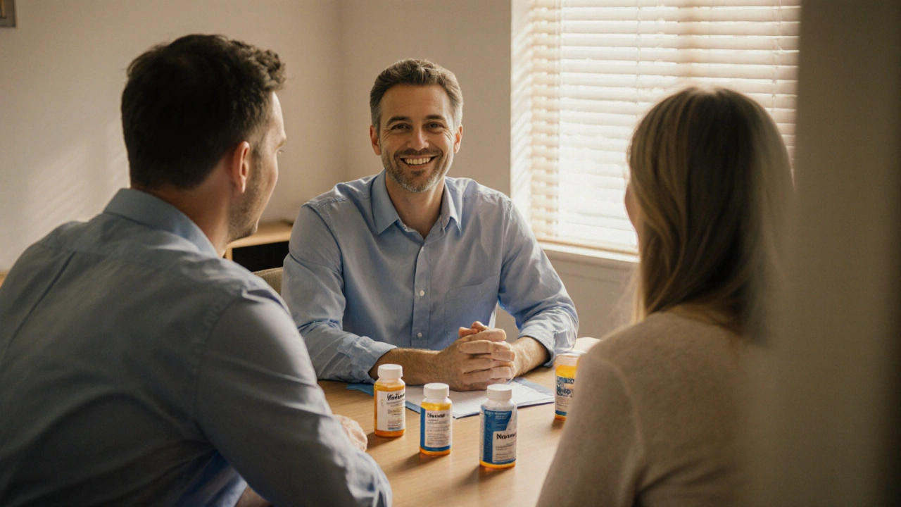Doctor consulting a patient in a clinic, with medication bottles displayed on a table.