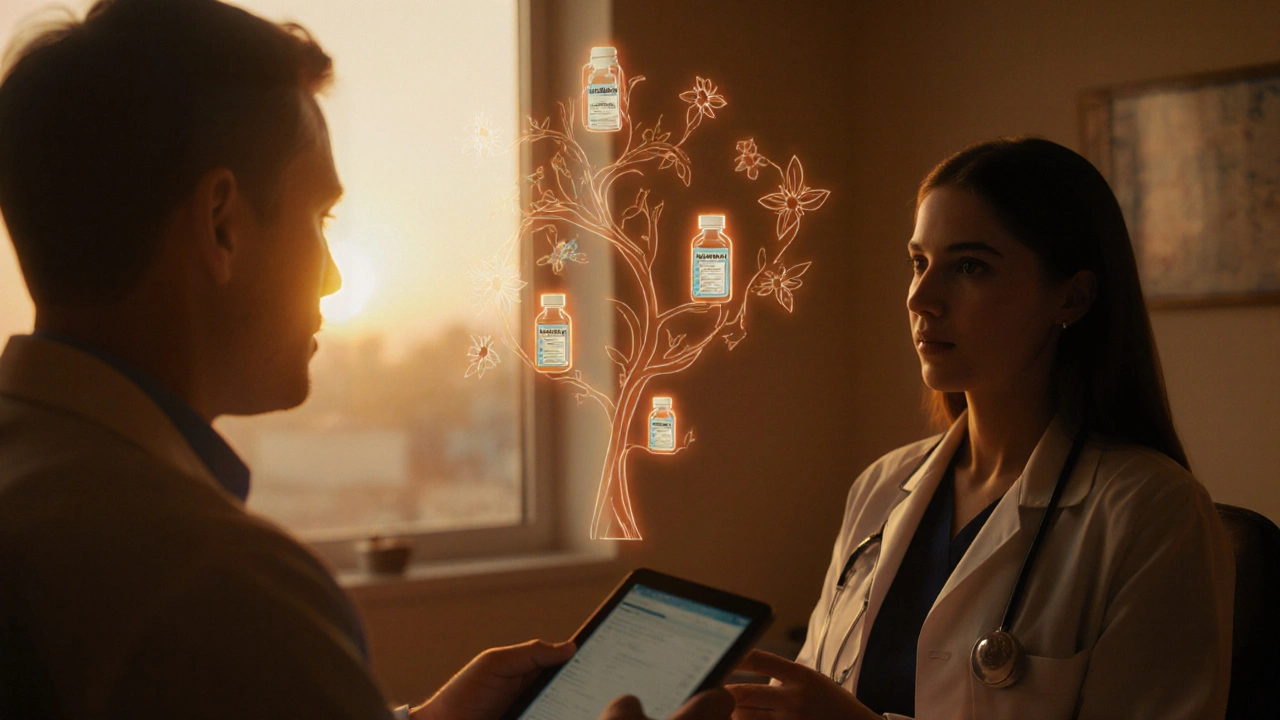 Doctor consulting patient with glowing decision tree of antibiotic options.