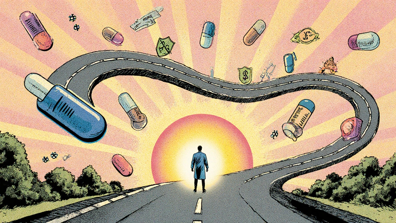 Doctor hero guiding a patient through a road of drug icons, spotlighting Lexapro.