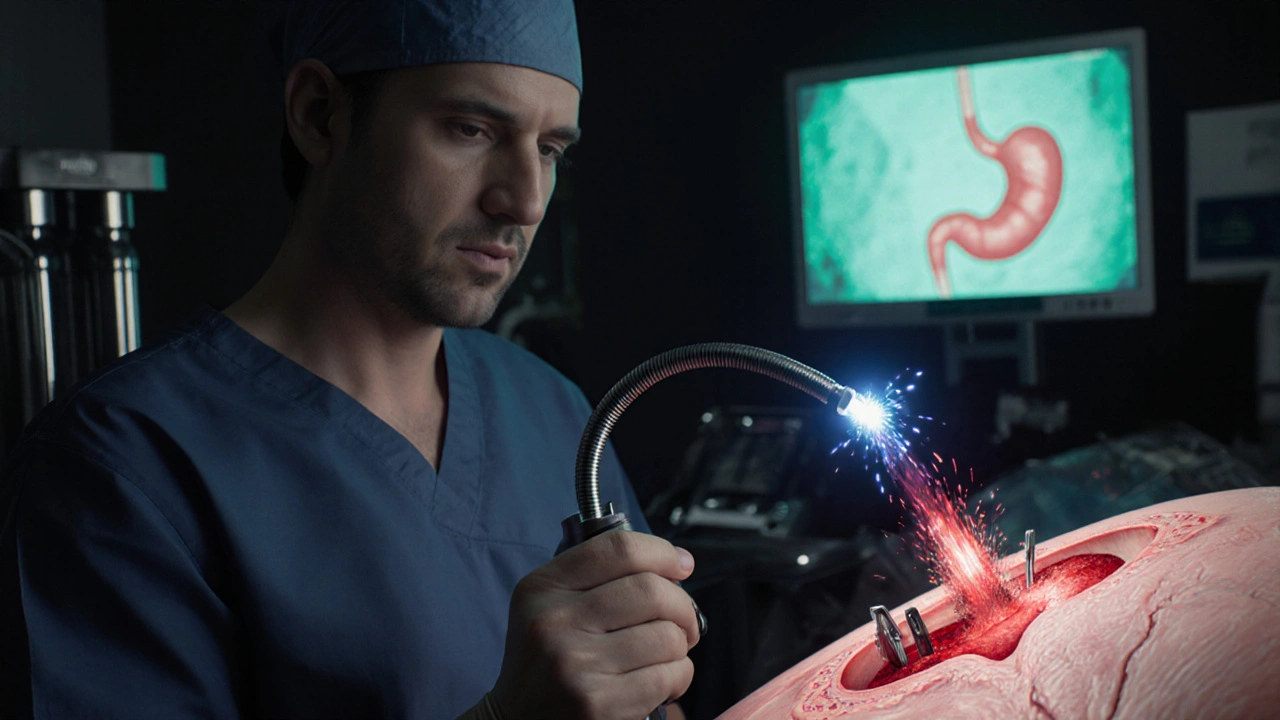 Doctor performing endoscopy on bleeding ulcer, placing clips and cauterizing vessel.