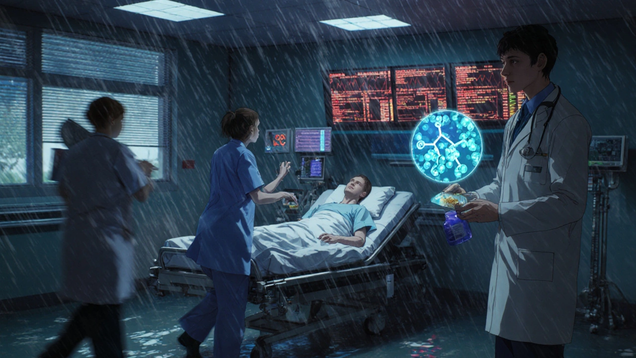 Emergency medical team working on a patient in a hospital, monitors showing critical vital signs.