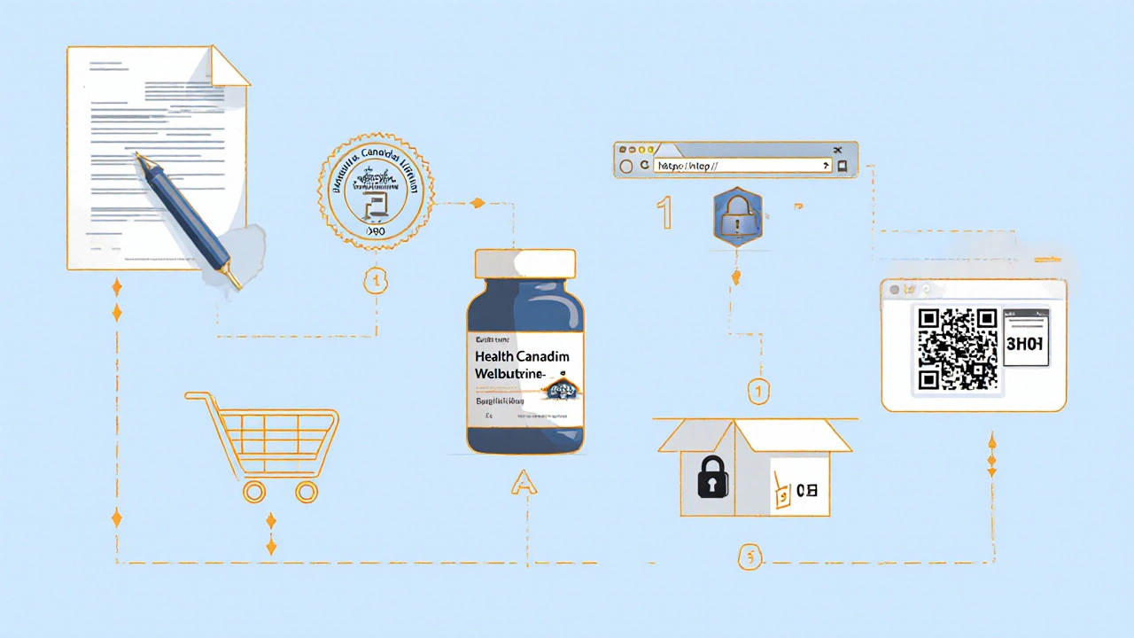 Flat‑design flowchart showing prescription, licence, SSL, tablet bottle, price, and delivery icons.