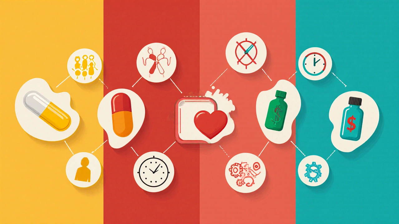 Flat illustration of five antibiotic icons with symbolic comparison criteria.