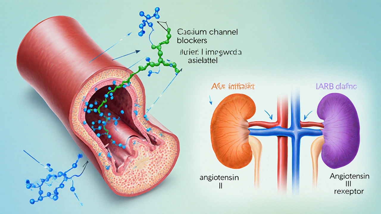 Illustration of a dilated artery, kidney, and pathways showing calcium‑channel blocker, ACE inhibitor, ARB, and diuretic actions.
