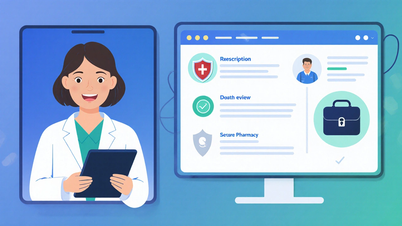 Illustration of telehealth video call beside pharmacy verification dashboard.