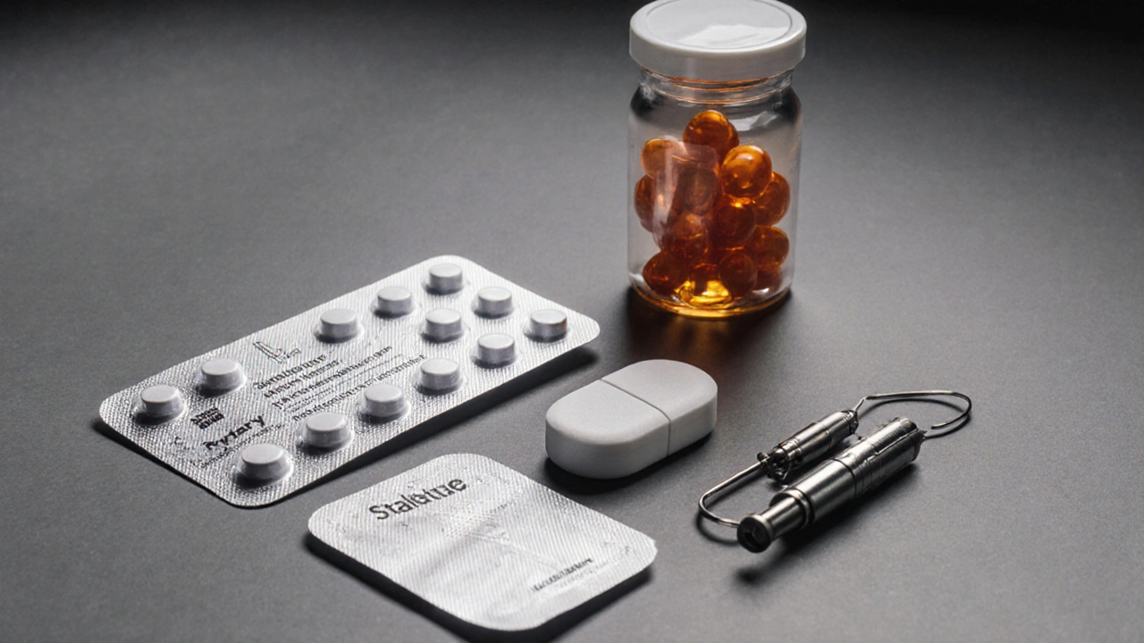 Macro view of various Parkinson&#039;s meds and a DBS electrode on a gray surface.
