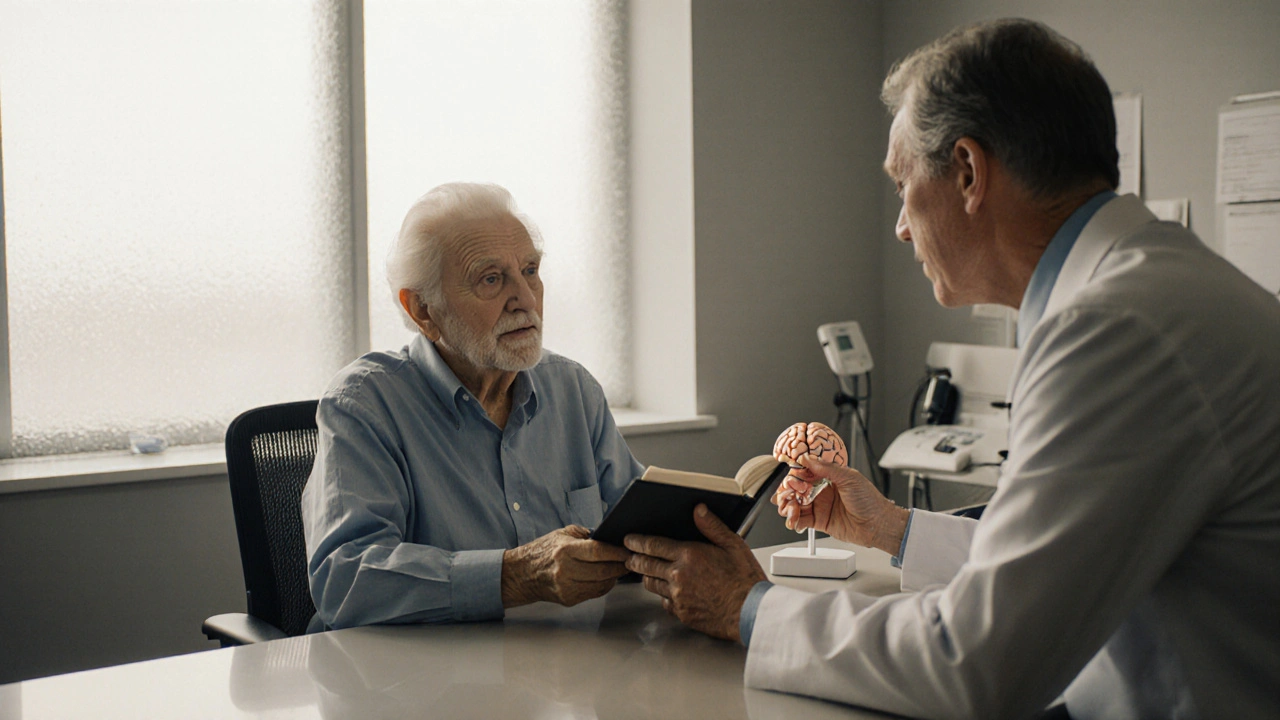 Neurologist and patient discussing treatment beside a brain model.