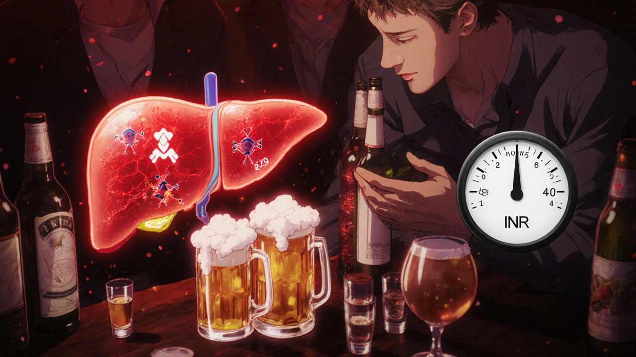 Night scene of binge drinks causing liver enzymes to block warfarin and INR spike.