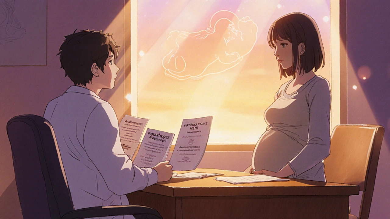 Obstetrician counseling a pregnant individual with sunrise light, showing trust and safe medication options.