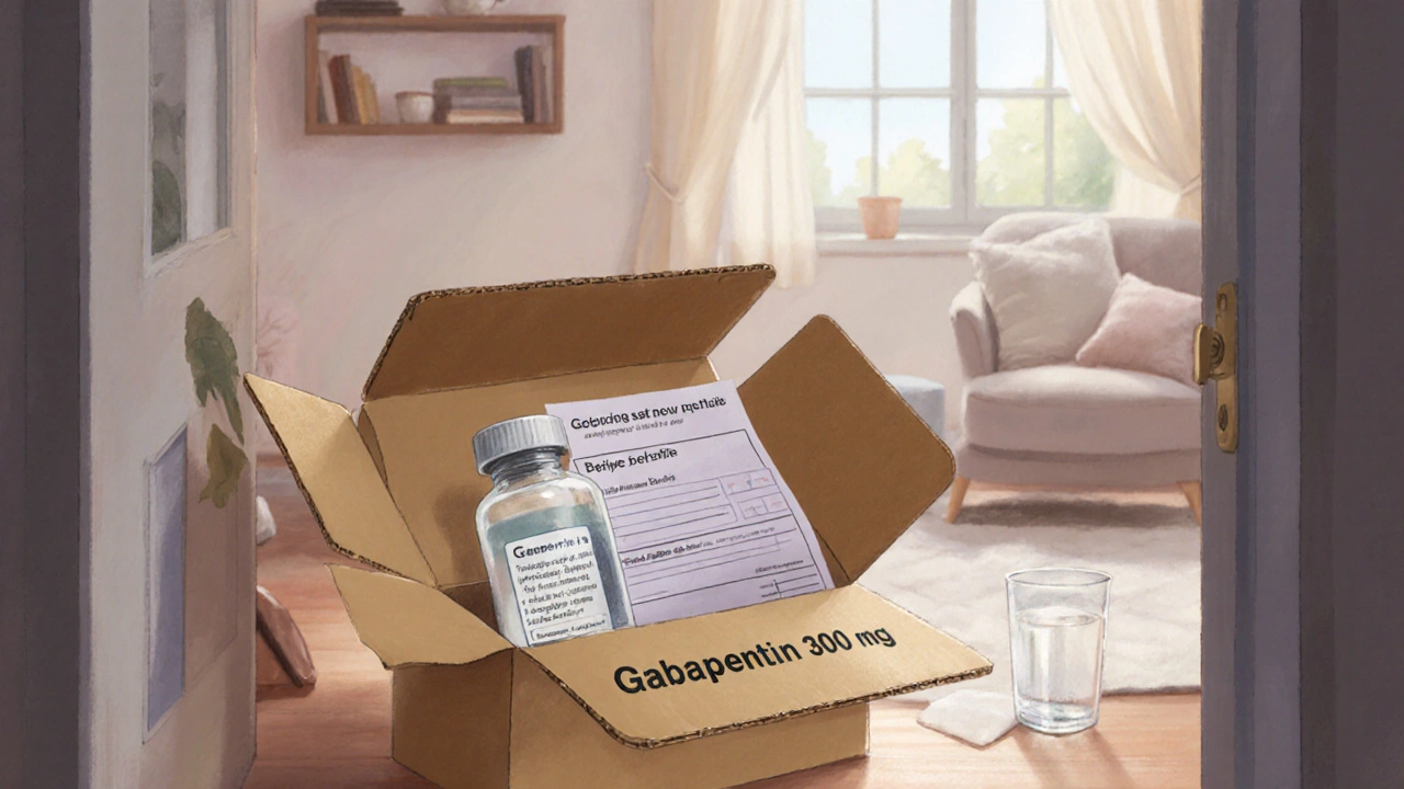 Opened package showing gabapentin bottle, prescription sheet, and a calm home setting.