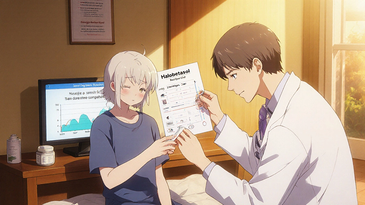 Patient applying a small amount of Halobetasol while a doctor shows a treatment timeline.