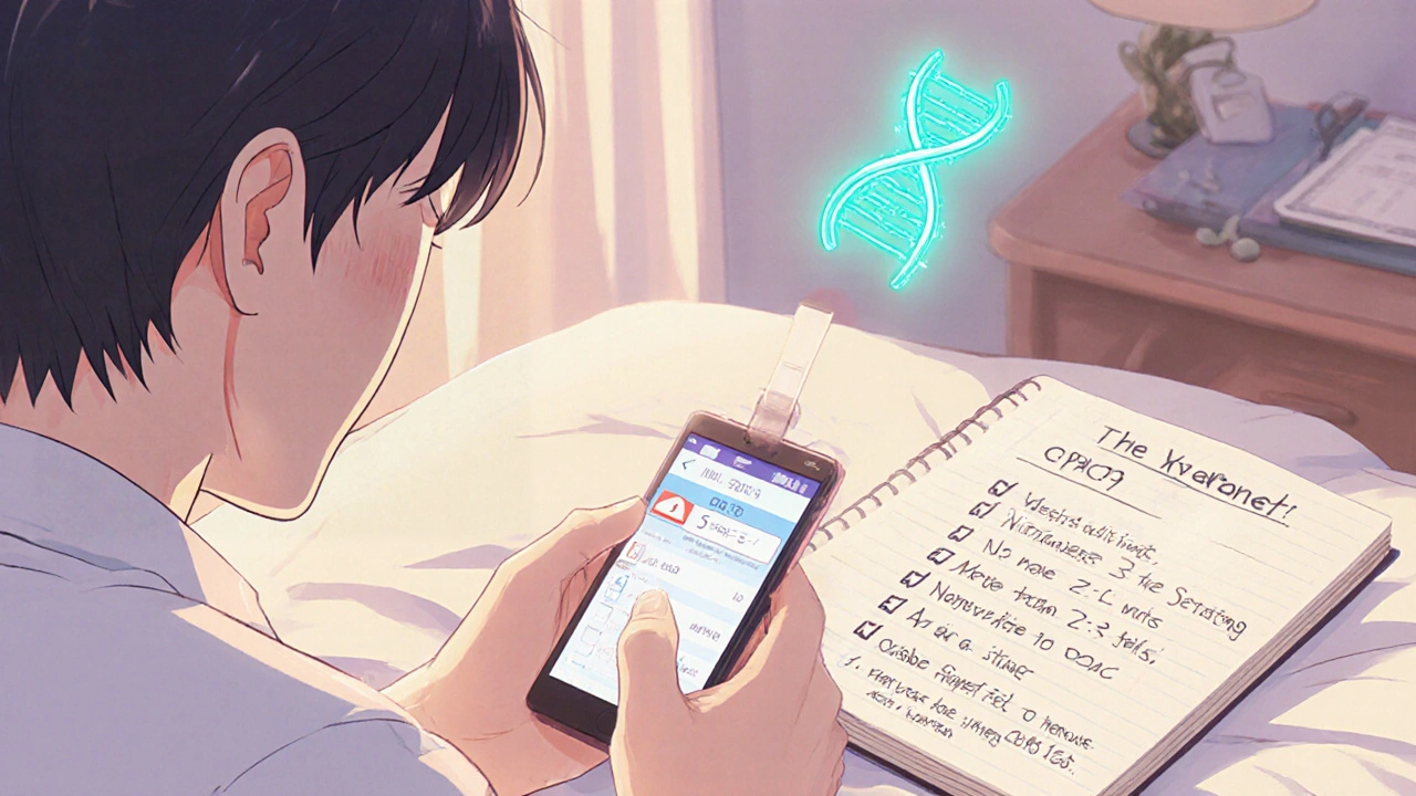 Patient checking INR on phone, reviewing safety checklist and DNA test reminder.