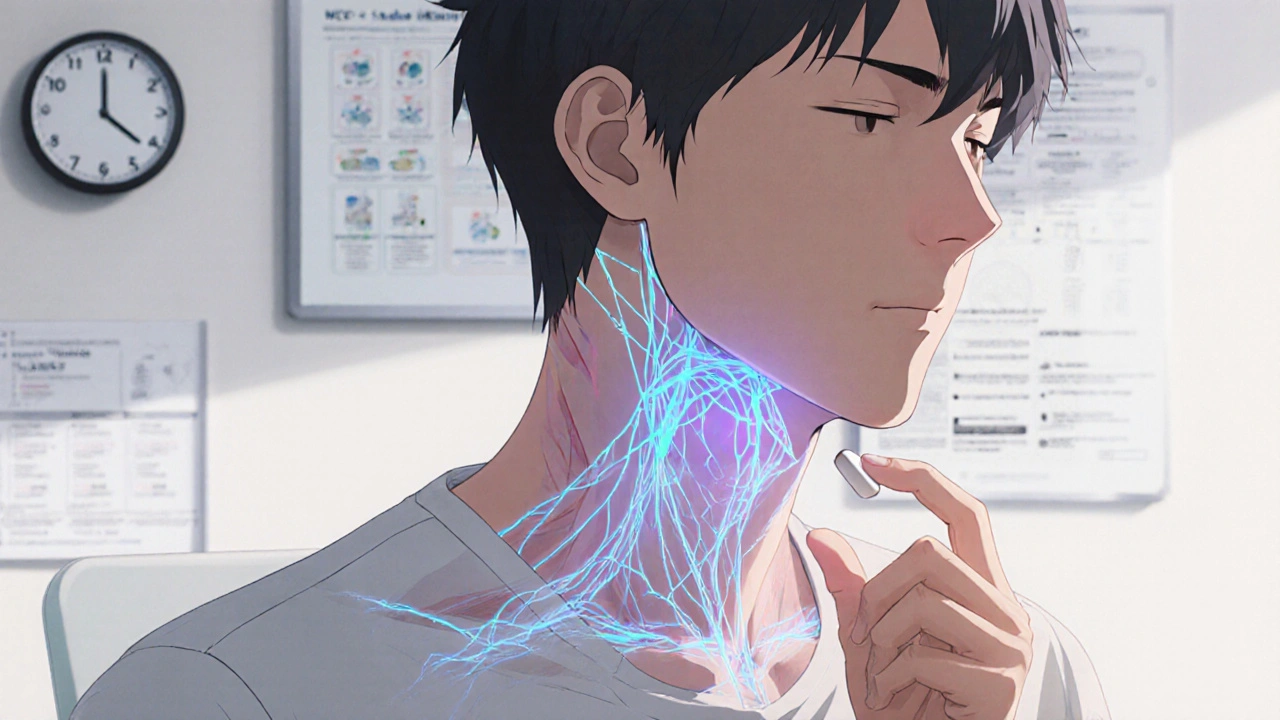 Patient holding acetaminophen tablet with neural pathways glowing softly in background.