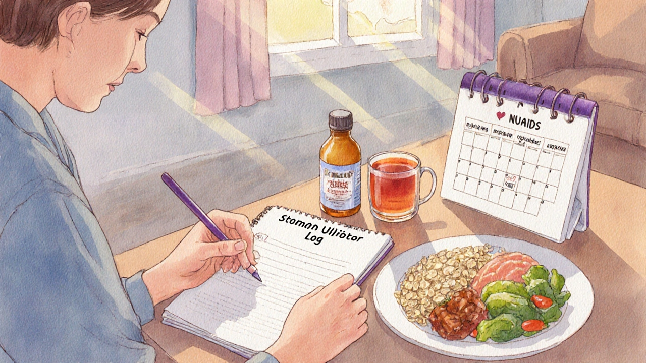 Patient logging ulcer symptoms at home with medication, tea, and healthy meals.