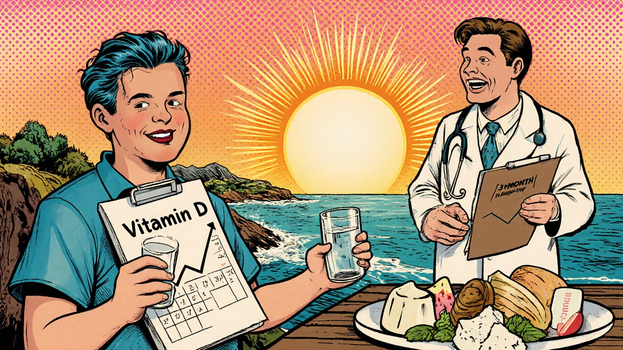 Patient outdoors with supplements and calendar, doctor holding test results in bright comic style.