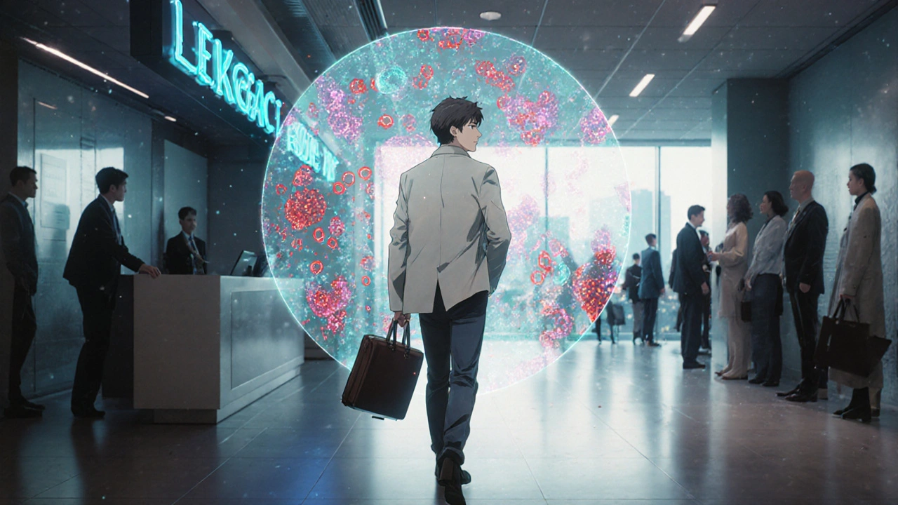 Patient walks confidently past hospital corridor, leukemic cells fading.