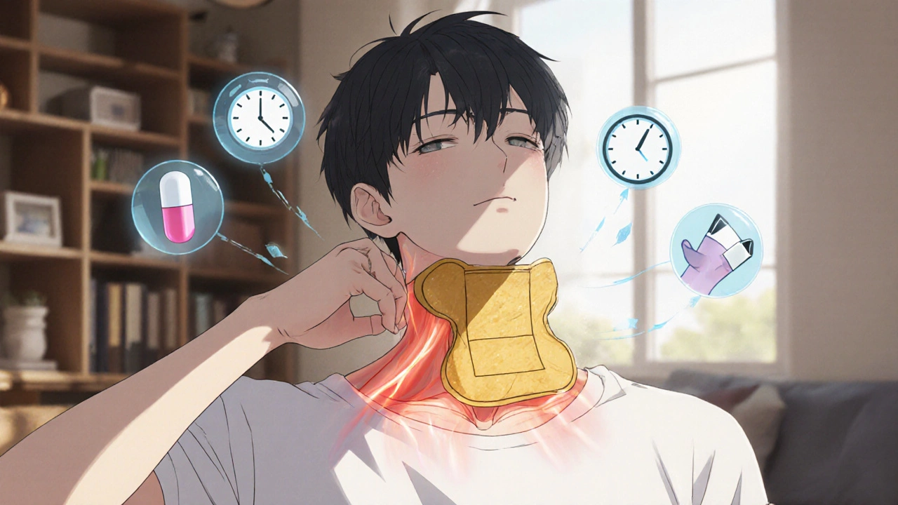 Person doing neck stretch with heat pack, floating icons of pill, clock, and motion arrow.