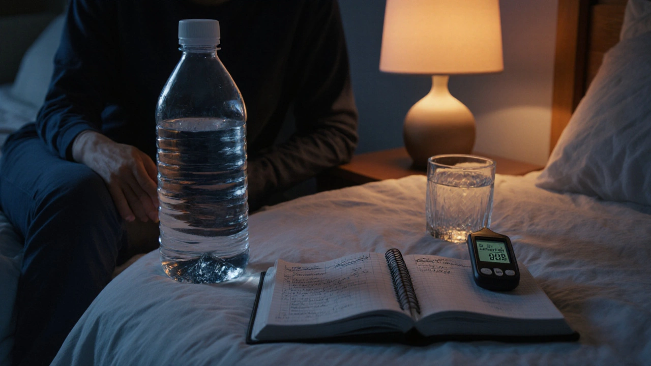 Person in bedroom tracking fluid intake and glucose, representing home management of thirst and frequent urination.